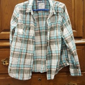 Blue, light pink, and white plaid shirt